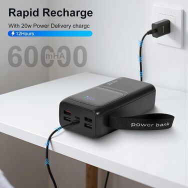 Power Bank 60000mAh 22.5W з LED-ліхтариком та вбудованим кабелем. Швидка зарядка USB-C, сумісний з iPhone, iPad, планшетами. Чорний