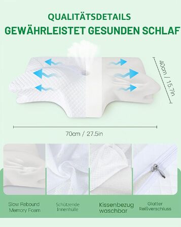 Подушка для шиї та плечей 2 в 1 з ефектом пам'яті Memory Foam, біла (70x40x8.5/14 см)