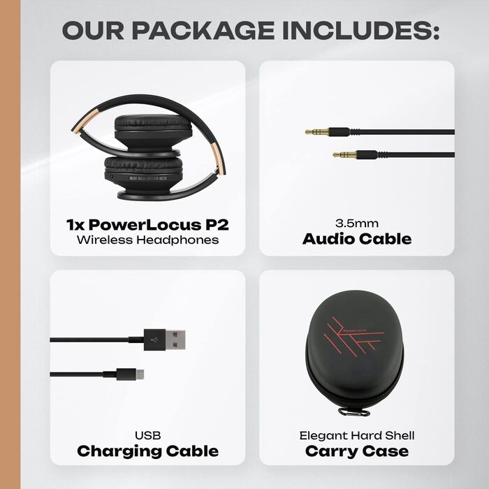 Бездротові навушники PowerLocus Over-Ear з Bluetooth, мікрофоном, складні конструкції, м'які амбушюри, Hi-Fi стерео бас, для дітей/дорослих/TV/PC/Home Office (Чорний/Золотий)