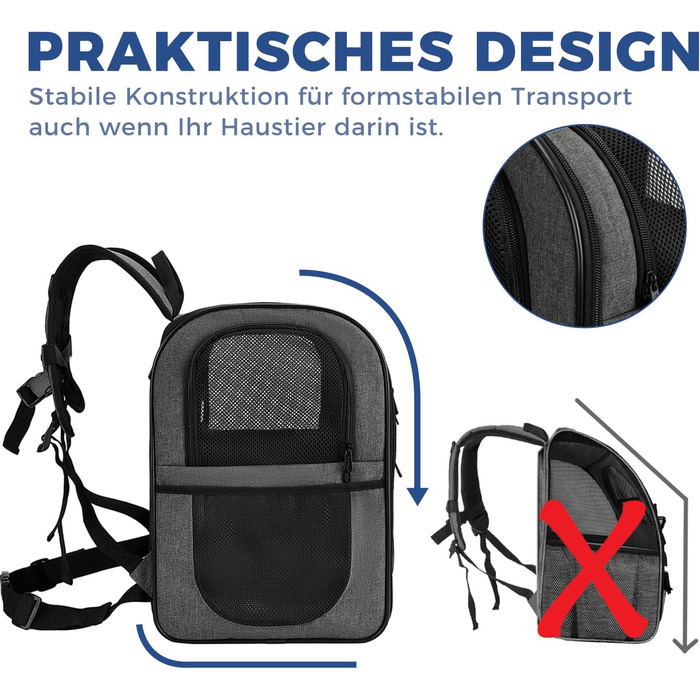 Рюкзак для собак та котів Apollo Walker - для малих тварин (2-15 кг), з підтримуючим каркасом, дихаючий, сірий - для походів, подорожей, активного відпочинку