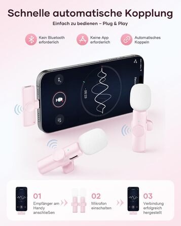 Беспроводной петличный микрофон 2шт, для iPhone, iPad, Android, с шумоподавлением, Plug & Play, для видео, подкастов, YouTube, TikTok (Рожевий)