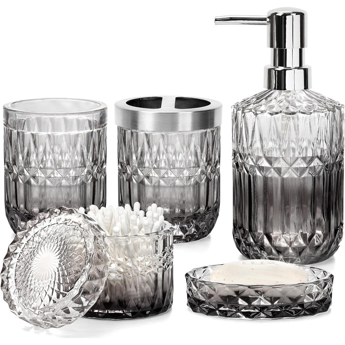 Набір аксесуарів для ванної кімнати Hebaogugu 5 шт., сірий колір, з дозатором мила, мильницею, стаканчиком для зубних щіток, тримачем для зубних щіток та контейнером для ватних паличок.