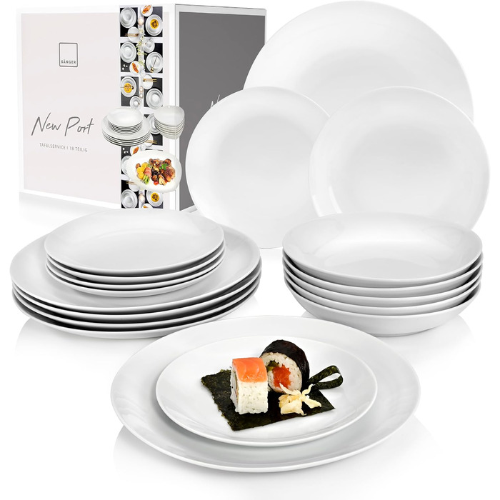 SÄNGER | Tableware New Port white, 18-piece dinnerware set for 6 people made of porcelain, wedding plates, dinner plates | PREMIUM COLLECTION Tableware 18 pcs