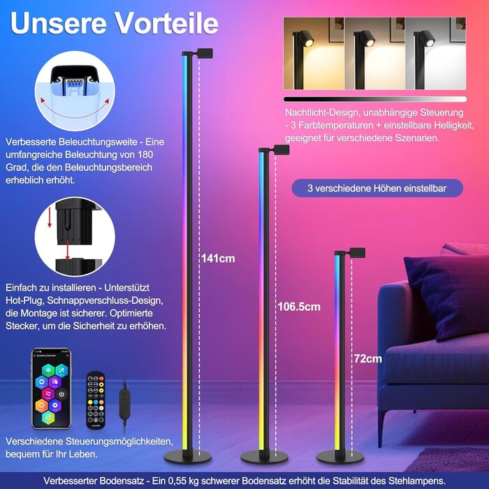 LED-лампа на підставці HANDSONIC RGBIC, 140 см, чорна, для вітальні, з регулюванням яскравості, 16 мільйонів кольорів, керування через додаток, кут освітлення 180°, ідеально для геймінгу