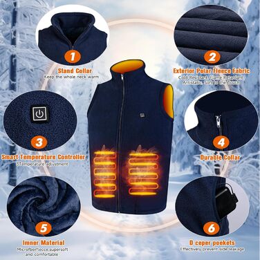 Електрична гріюча жилетка для чоловіків TOUVE, 5 зон обігріву, регулювання температури, флісова куртка (без Powerbank), колір: синій (M, 2025)
