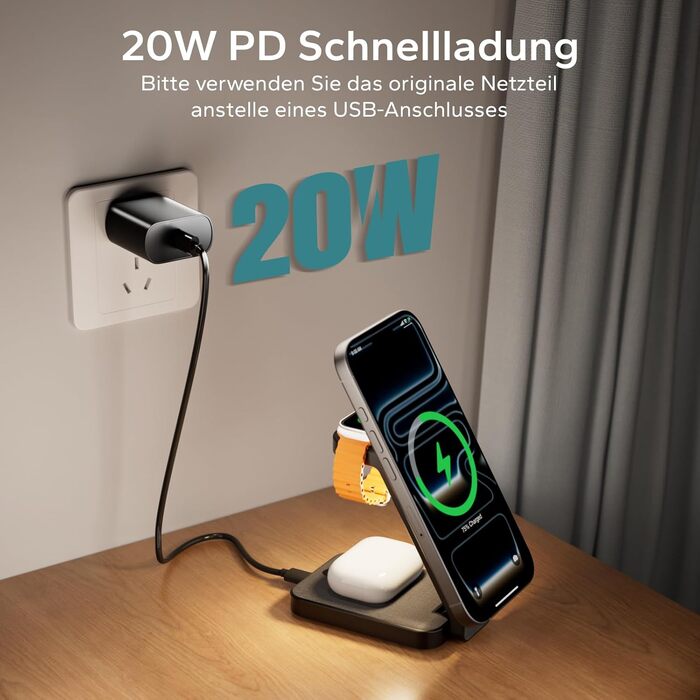 Сумка-органайзер для Apple Watch та iPhone з MagSafe, чорна: зарядка 3-в-1 для iPhone 17, 16, 15, 14, 13, 12 Pro Max