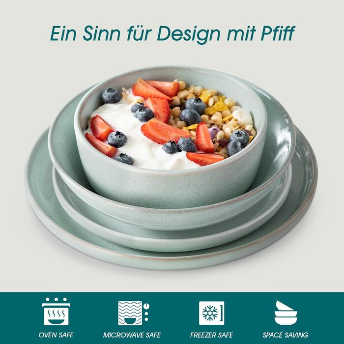 Набір мисок vancasso ANYA (48 шт.) з кераміки, 16.1 см, 840 мл, для мюслі, стійкі до подряпин, підходить для мікрохвильової печі та посудомийної машини (м'ятний колір)