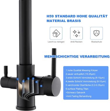 3-х стороння кухонна змішувач з поворотним гусаком 360°, 2 функції (з душем), 3 в 1, для фільтрів, з нержавіючої сталі та латуні, чорний