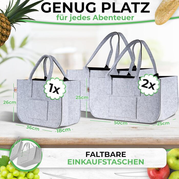 FUCHSBAG 2.0 [Large 3-Piece Set XXL] Universal Shopping Bags. 2x Large Felt Bags, 1x Small Felt Bag. Perfectly suited as a shopping basket. A real eye-catcher that safely carries the contents.