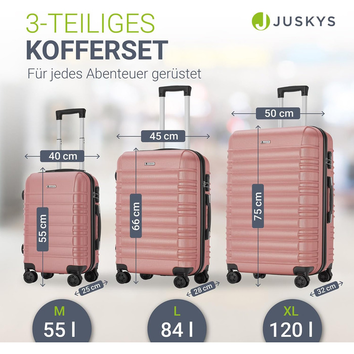 Набір валіз Juskys Hartschale 4 шт. з кодовим замком, тихі колеса 360°, телескопічна ручка, легкі - рожевий (3 шт.)