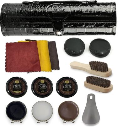 Stone & Clark 12-Piece Leather Shoe Cream & Care Set with Brown Wax, Shoe Brushes for Polishing, Compact Shoe Shine Kit with Horsehair Brushes & PU (Structured Black Kit)