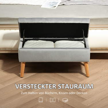 HOMCOM Storage Bench, Upholstered Bench with Lid, Bed Bench with Velvet Look, for Entryway, Bedroom, Living Room, Rubber Wood 102 x 35 x 43 cm Grey | Aosom