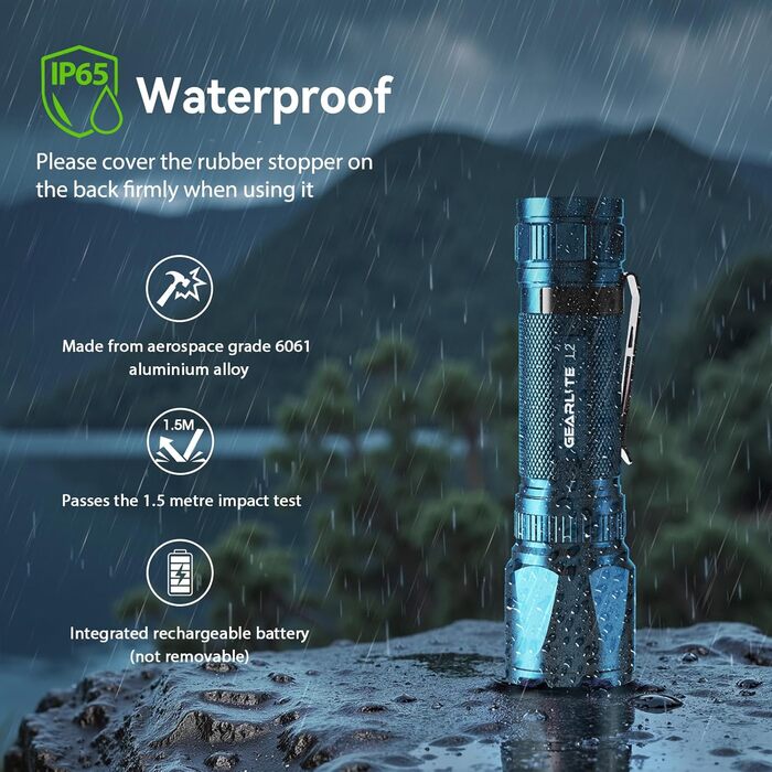 Ліхтарик LED GEARLITE з підзарядкою, 3000 люменів, тактичний, водонепроникний (IP65), 3 режими, для кемпінгу, риболовлі, активного відпочинку