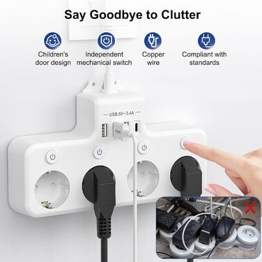 Мережевий фільтр з USB, 4 розетки з індивідуальним вимикачем, 3 USB та 1 Type-C (5V 3.4A) для кухні, вітальні, спальні, офісу