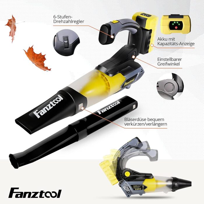 Акумуляторний повітродув FANZTOOL 20V 4.0Ah з регульованою ручкою, 2 швидкості, знімна труба, до 250 км/год, 10 м³/хв, для тераси і догляду за садом