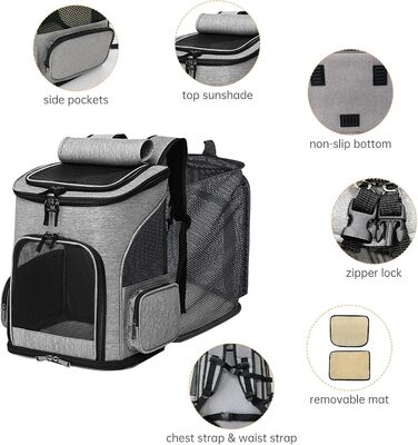 Рюкзак для тварин: переноска для собак та котів до 10 кг, сірий. Зручна, розширювана, з 2 матами.