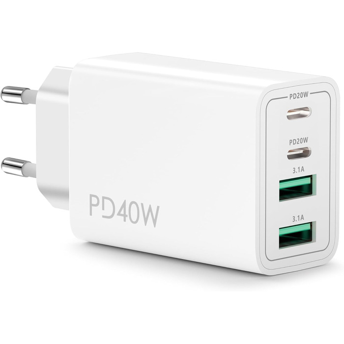 Мережевий адаптер USB C 40W з 4 портами (USB-C та USB-A), PD Power Adapter для iPhone, iPad, Pixel та інших пристроїв