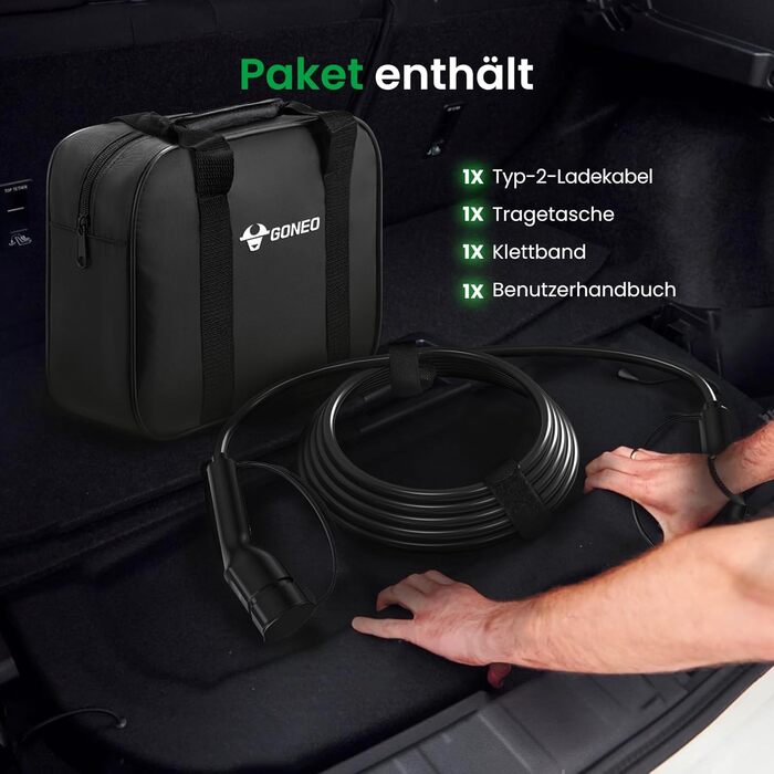 Кабель зарядки GONEO Typ 2 (11кВт, 16А) 8м для електромобілів (Tesla, BMW, VW, Audi), IP54, водонепроникний, з TPU, у комплекті сумка