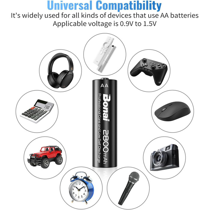 Зарядний пристрій BONAI для акумуляторів AA/AAA NI-MH з LED-дисплеєм та USB-зарядкою, 8 слотів