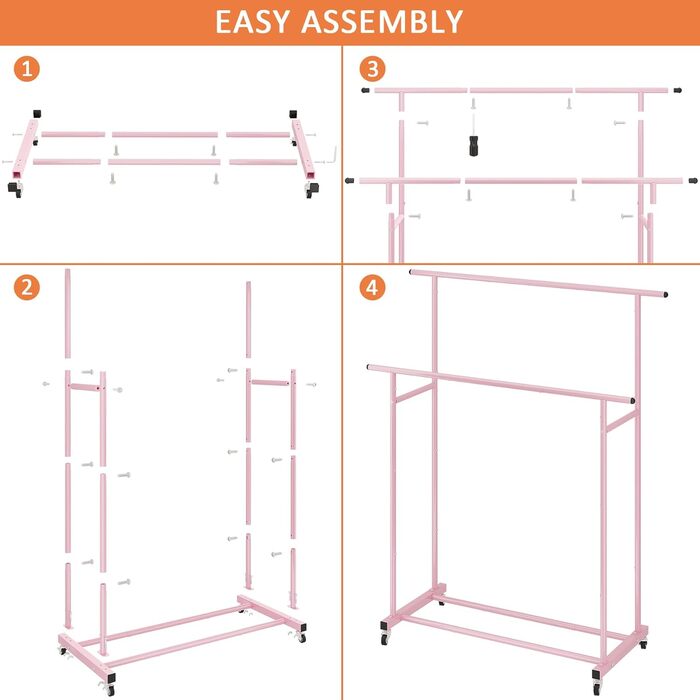 Clothes Rack with Double Rod, Rolling Clothes Rack, Portable Clothes Rack for Bedroom, Living Room, Clothing Store (Pink)