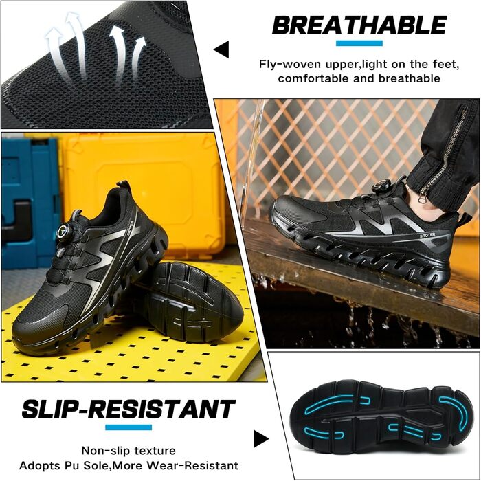 Черевики безпеки унісекс, легкі, спортивні, дихаючі, шнурки/крутильний замок, сталевий підносок, антиковзаючі, 43 EU, чорні