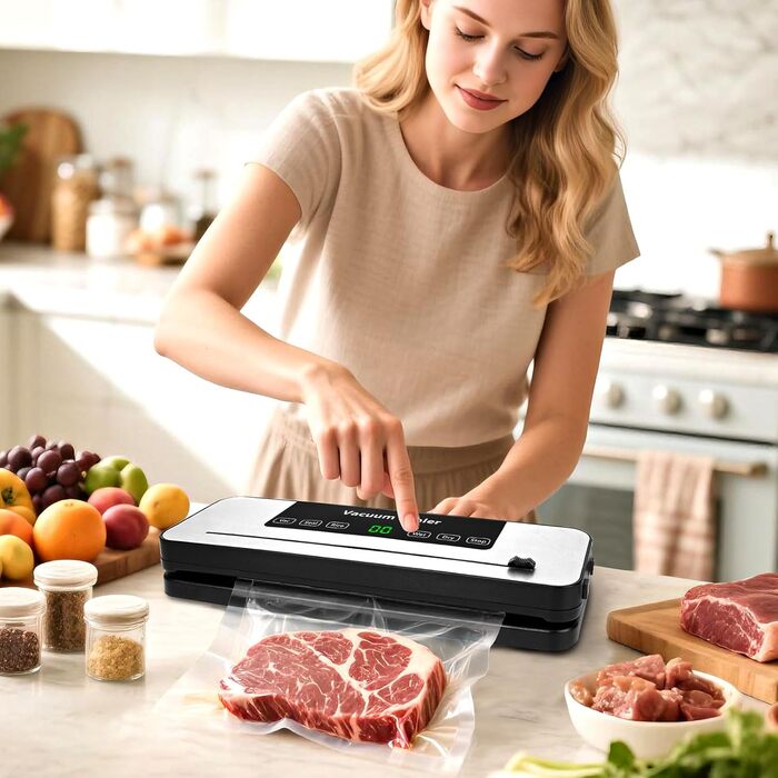 Вакуумний пакувальник Vakuumiergerät Profi з LED-дисплеєм, 50 пакетів, вбудований різак, функції 'Волого/Сухо', для кухні та їдальні