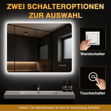 Дзеркало для ванної кімнати з підсвічуванням 50 x 70 см, LED дзеркало для ванної, антизапарник, 3 кольори світла, регулювання яскравості, прямокутна форма, сенсорна кнопка, функція пам'яті, горизонтальний/вертикальний монтаж