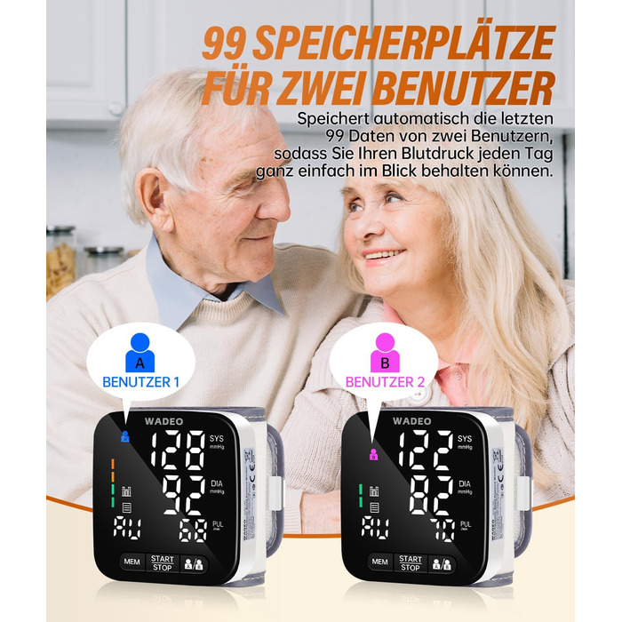 Цифровий тонометр WADEO на зап'ясті, оголошення 5 мовами, виявлення аритмії, портативний тонометр для дому та в дорогу, 2 x 99 пам'ять, з батарейками та коробкою для зберігання, білий