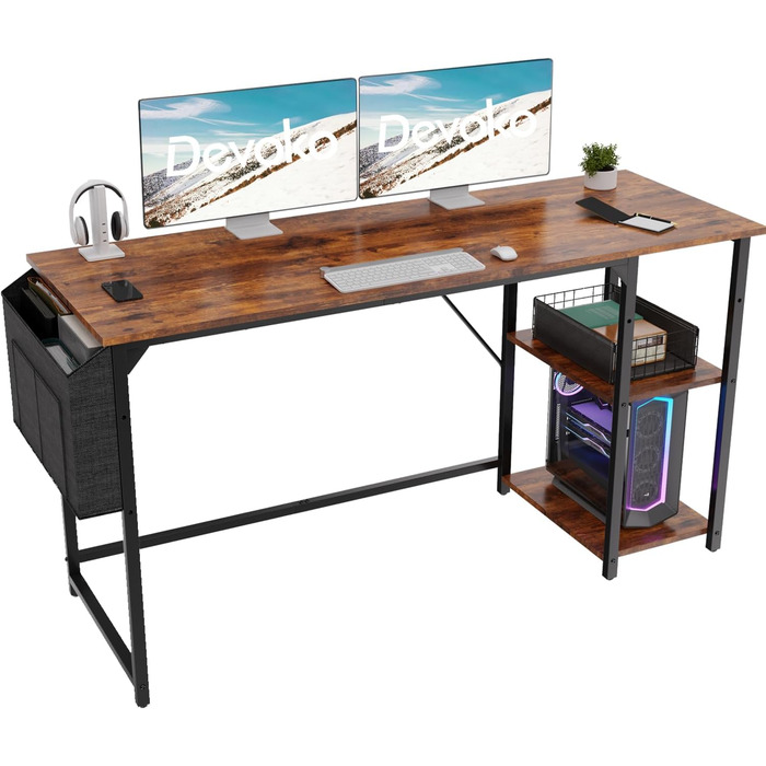 Devoko 140cm Computer Desk with Reversible Shelf, Small Desk with Headphone Hooks, Small Computer Desk for Home Office, Small Office Desk for Home Office, Vintage Brown 140 x 50 cm Vintage Brown