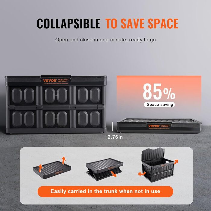 VEVOR 3-Piece Set 65L Professional Folding Box made of PP, Transport Box with Lid, Foldable Storage Box with Handle, Stackable Crates, Storage Box, Folding Boxes, Stackable Boxes for Storage & Transport