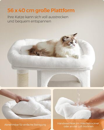 Feandrea Cat Tree, 84 cm Cat Tree, L, Cat House for Large Cats up to 7 kg, Large Platform, 2 Cat Caves, Sisal Posts, PCT61W (L (60 x 40 x 84 cm), Cream White)