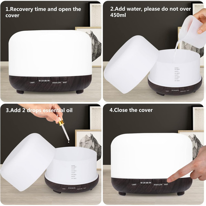 Аромадифузор Hianjoo 450мл з таймером, ультразвуковий, 7 кольорів LED, з пультом, для спа/офісу/йоги - темне дерево