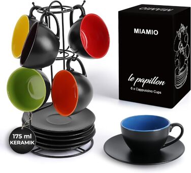 MIAMI - 6 x 175 ml Cappuccino Cups with Saucers & Stand/Cappuccino Cup Set - Le Papillon Collection (Colorful)