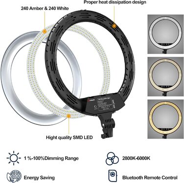 LED-кільцеве світло WISAMIC 45,7 см з тримачем для телефону: сенсорне керування, пульт дистанційного керування, двоколірне, регульована яскравість, 2800K-6000K, для селфі, макіяжу, камери, телефону, YouTube, відео, фотографії, освітлення