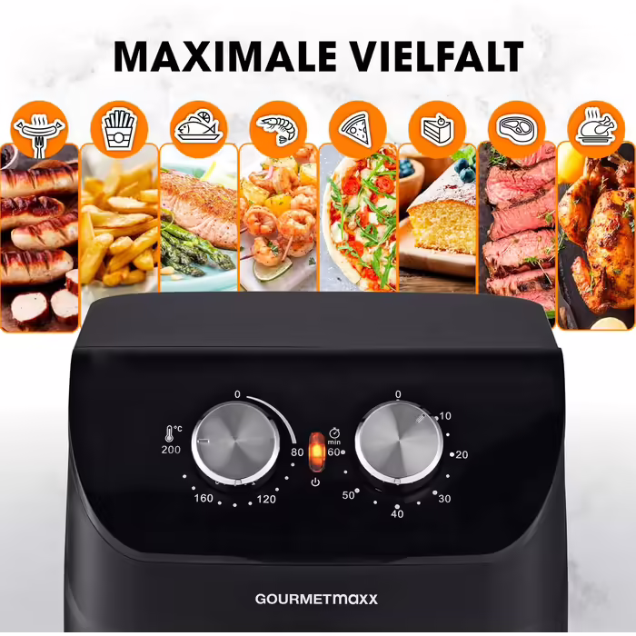Аерофритюрниця GOURMETmaxx 4 л, 1400 Вт, таймер, нержавіюча сталь, матова чорна, енергозберігаюча, майже без олії