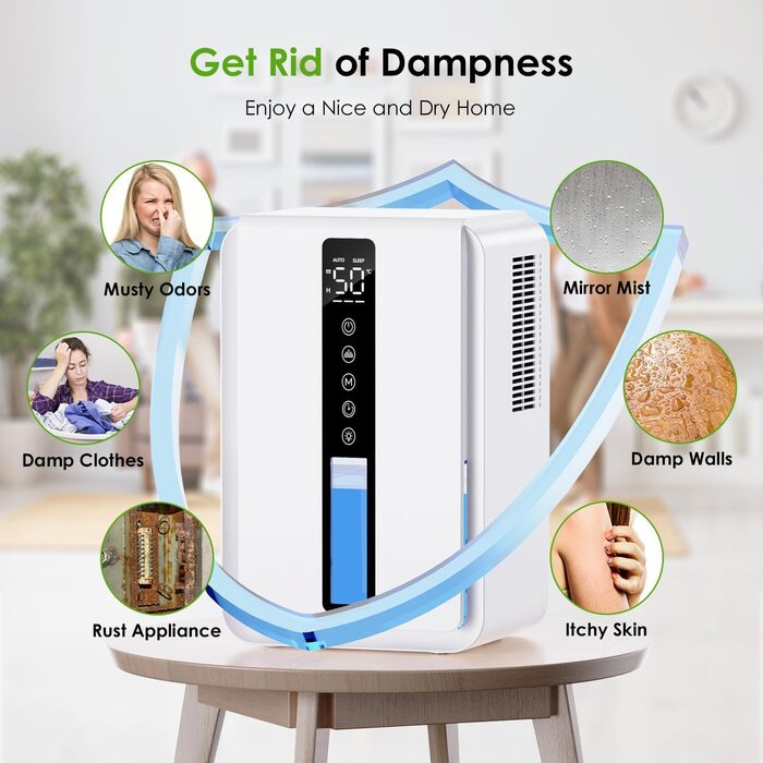 Електричний осушувач повітря 1.8L з антизаморожувальним захистом, 2 швидкості та 2 режими, таймер 48H, RGB підсвітка, для спальні, ванної кімнати та гуртожитку (2500 мл)