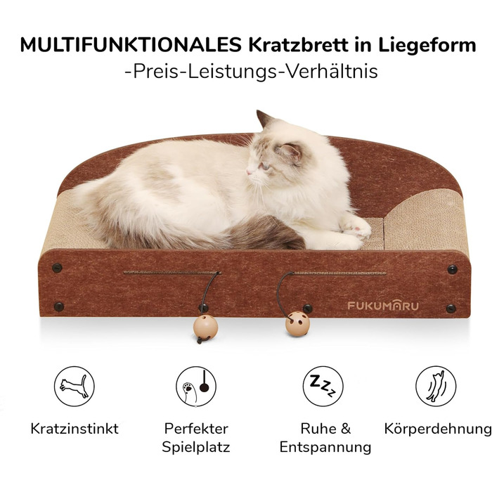 Cat Scratch Board, 66cm durable scratching cardboard and felt, large lounging area, 2 reversible cat scratching pads for cats, recyclable corrugated cardboard cat bed with jingle ball toy, caramel color