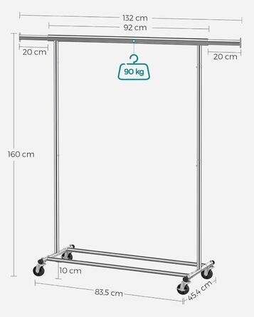 SONGMICS Heavy-Duty Clothes Rack, 2-Piece Set, Rolling Garment Rack, Holds up to 90 kg, with Extendable Wardrobe Rack, Folding Base, Shelf for Boxes, Silver HSR013S02