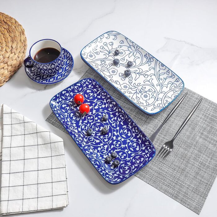 Сервіровочні тарілки Selamica Keramik, набір 6 шт., 24 x 14 x 2.5 см, вінтажний блакитний, для суші, закусок, фруктів