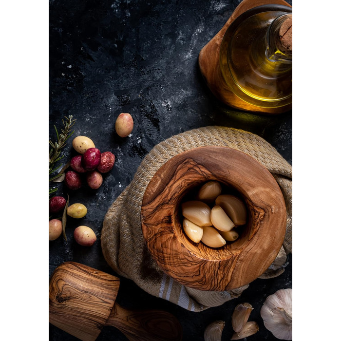 Olive Wood Mortar Set - Ø 12 cm, H 11 cm - Handmade, Ergonomic, Vintage, Eco-Friendly & Durable, Multifunctional, Decorative, Gift Idea (TH)
