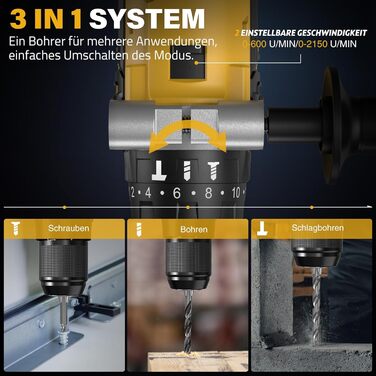 Акумуляторний дриль-шурупокрут SundpeyPRO 21V з ударною функцією, 120 Nm, 2 x 4000mAh, 20+3 ступені крутного моменту, 13 мм патрон, 2 швидкості, LED