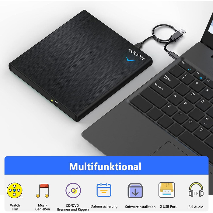 Зовнішній CD/DVD привід для ноутбука USB-C та USB: портативний DVD-плеєр та записувач для Mac, MacBook, Windows