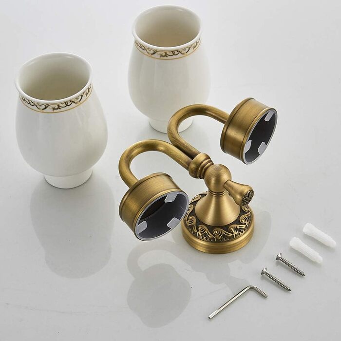 Home Antike Toothbrush Holder, Brass Tooth Cup Holder, Retro Classic Solid Copper Toothbrush Holder and Ceramic Glass Shape Double Toothbrush Holder