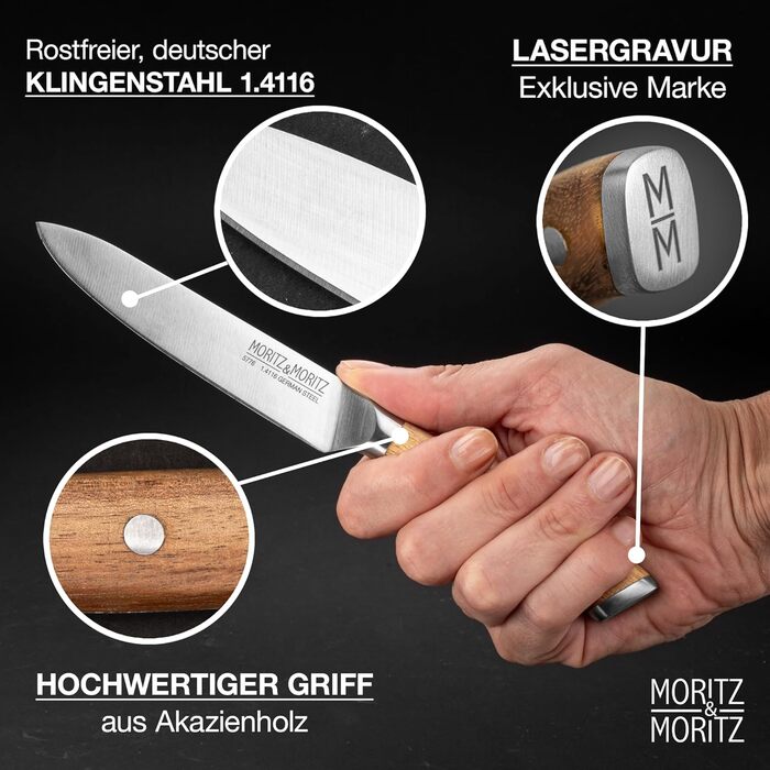 Ніж кухонний Moritz & Moritz Profi Küchenmesser 13 см - універсальний, для овочів, м'яса, фруктів, з ергономічною ручкою з акації, німецька сталь