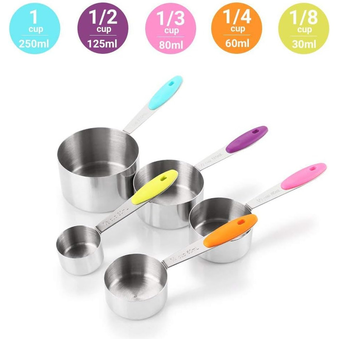Набір мірних ложок Xingxinrong з нержавіючої сталі (5 мірних ложок + 1 ложка) з силіконовою ручкою, з гравіюванням шкали (US та міжнародна), придатний для миття в посудомийній машині, для приготування та випічки, кухонний аксесуар