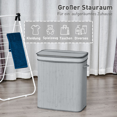 Кошик для білизни HOMCOM 100L з кришкою, складною, знімною внутрішньою підкладкою, кошик для білизни для ванної кімнати, 52 x 32 x 63 см, Сірий | Aosom