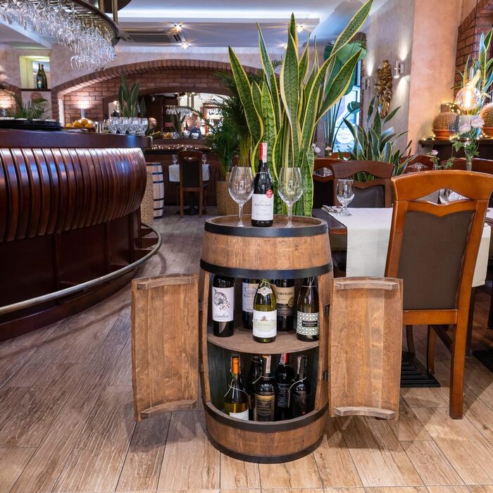 Wine Barrel Stand with Door - Liquor Cabinet, Bottle Rack, Wooden Shelves - Wooden Barrel - Barrel Furniture - Wine Rack - Wine Rack - Wine Bar - Barrel Bar with Door - Barrel Bar Minibar 80cm High (Wenge)