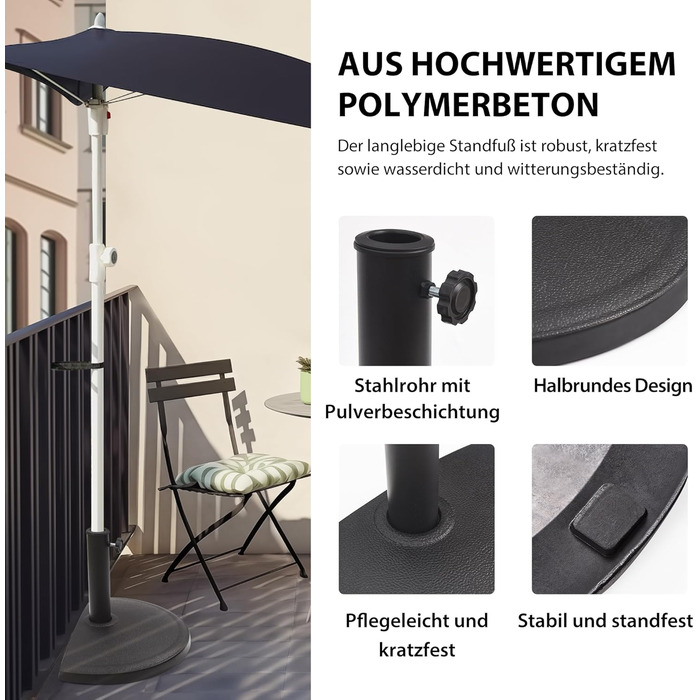 Paramondo Half-Round Umbrella Stand - Weatherproof umbrella stand with mast thickness 35-50 mm, including adapter, balcony stand, 9 kg, black