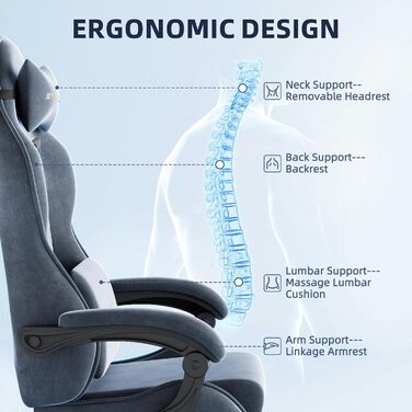 Геймерське крісло Ferghana Ergonomisch LW210: Сіре, з підголівником, підтримкою спини, підлокітниками та підставкою для ніг