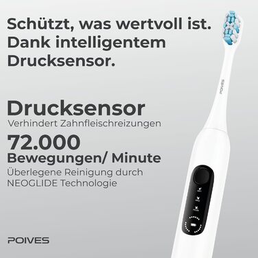 Електрична зубна щітка POIVES P1 Pro з датчиком тиску, 72000 рухів, гарантія до 4 років, 111 днів без ризику, довга тривалість роботи акумулятора, колір Midnight Blue (P1 Pro Silk White)
